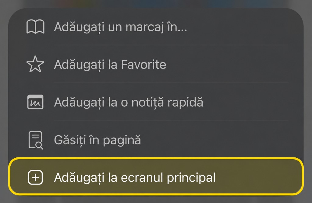 Meniu Partajare: Adăugați la ecranul principal evidențiat